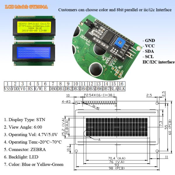 Voltage Supply 5V STN Blue Yellow-Green LCD Screen Module I2C/IIC 4pin PCB 2004 LCD Screen 16x2 Character LCD Display 20x4