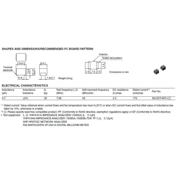 Magnetic Shielded Wire Wound Chip Inductor 4.7uH NLV25T - 4R7J - PF For Computer Products