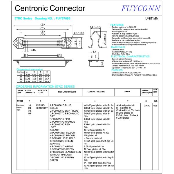 57 CN Series Centronic Solder Female Champ Connector with Spring Latches 14pin 24pin 36pin 50pin