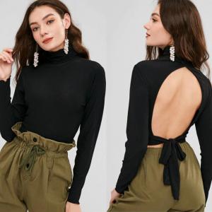 China Blank Open Back Long Sleeve Ribbed Turtleneck Crop Top wholesale