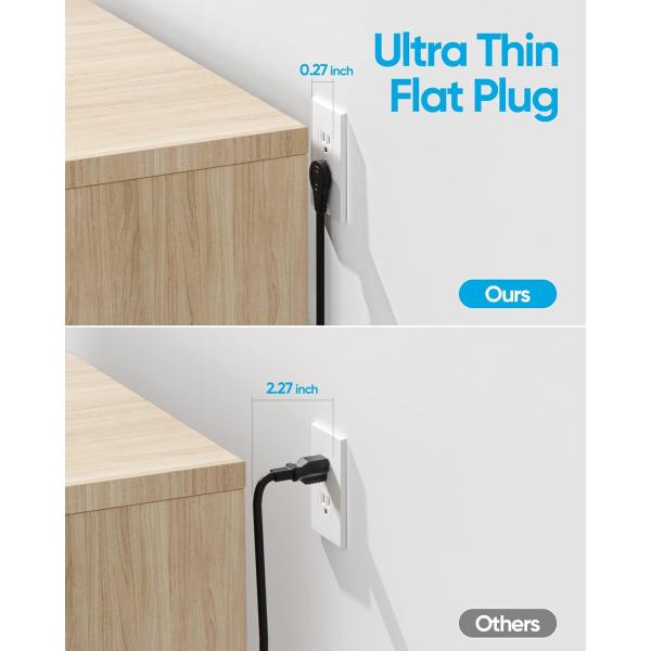 Surge Protector Power Strip Flat Plug Wall Mounted 8 Wide Outlets With 4 USB Ports 5FT