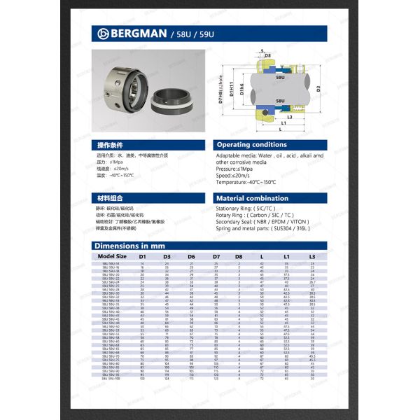 BERGMAN 58U 59U 24mm-80mm Lixin Dyeing Machine Pump Mechanical Seal
