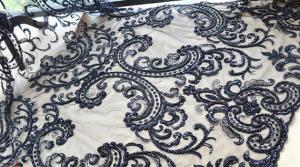 China Black Heavy Beaded Mesh Fabric By The Yard , Embroidered Net Fabric With Beads wholesale