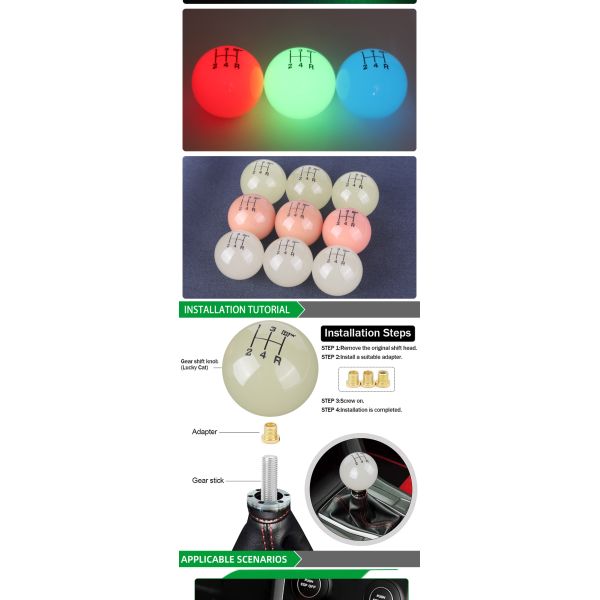 Universal Car Gear Shift Knob Luminous Shift Stick Knob with 3 Adapters Red blue green for Manual Automatic Vehicles