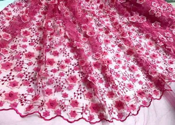 Quality Colored Handmade 3D Flower Lace Fabric , Scalloped Embroidered Mesh Lace Fabric for sale