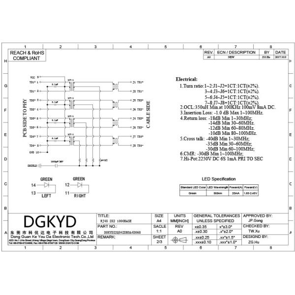 2x2 Multipleport RJ45 Ethernet Jack Female Connector With Transformer