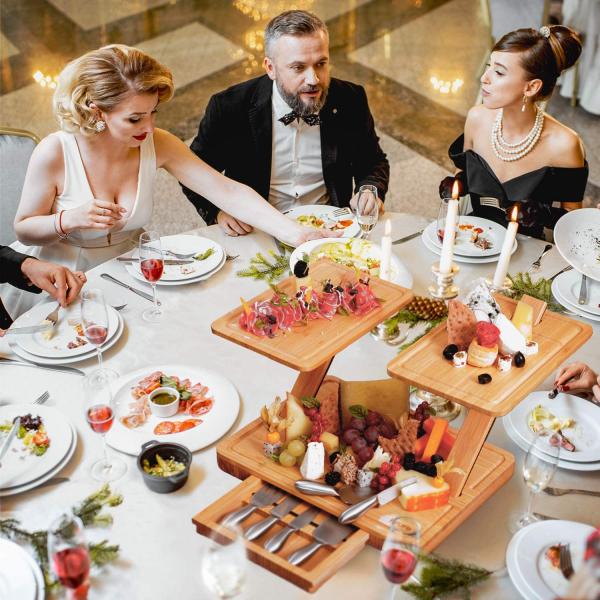 Bamboo Modular Platter Serving Tray With Slide Out Drawer And 3 Tier Cheese Board Set