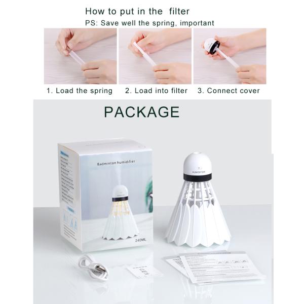 DC5V Portable Air Humidifier 240ML Tank 2 Watt Badminton Novelty New Design