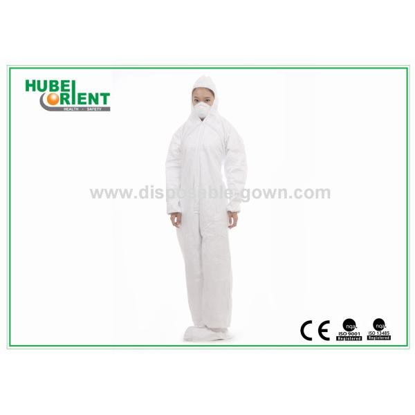 White Disposable Protective Coveralls With Hood And Feetcover By SMS PE Polypropylene For Clean Environment