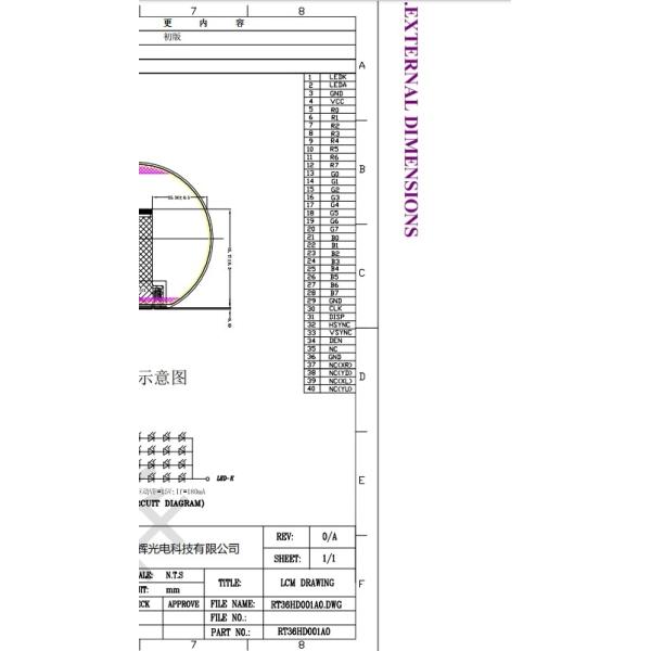 40 Pin Circular TFT LCD Screen Display 360x360 RGH 3.6 Inch ST72566