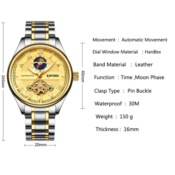 Buckle Clasp Skeleton Mechanical Watch Gold Dial Moon Phase 3 Pointers