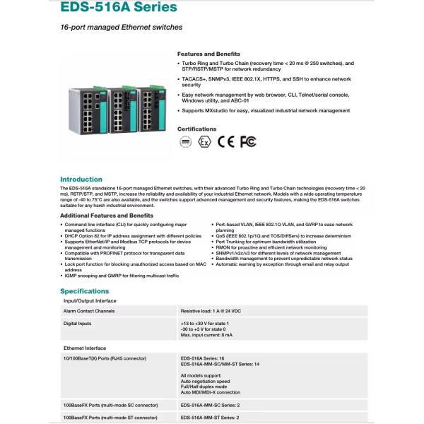 Moxa EDS-516A Series switch 16-port managed Ethernet switches