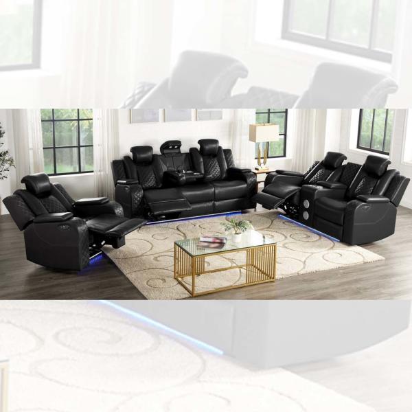 Quality Power Recliner Sofa set with Power Recliner Seats and Power Headrests and Dropdown Table and Bluetooth Audio Speaker and Storage Box and Storage Arms and LED Light, Black Breathable Leatherette for sale