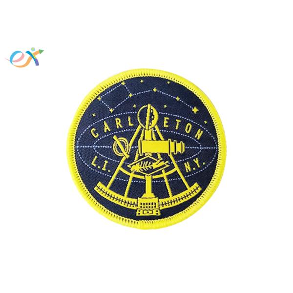 Woven Logo Polyester Fabric Patch , Round Shape Merrowed Edge Patch Paper Coated Back