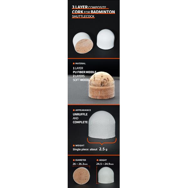 3 Layers Shuttlecock Cork Material OEM Badminton Shuttlecock Head