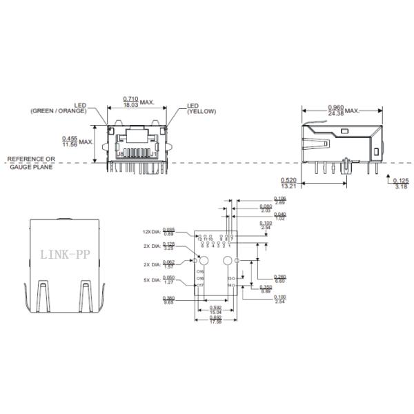 ARJE-0025 Low-Profile RJ45 Jack Single Port Tap Up Thru-Hole 1000 Base-T
