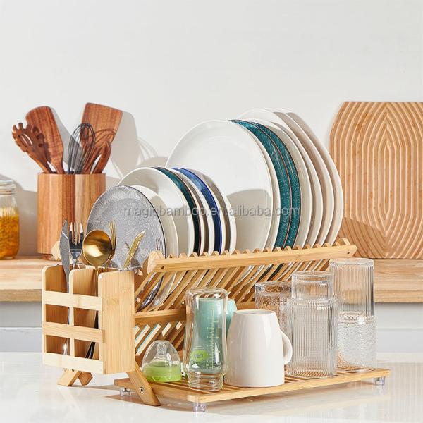 Collapsible 3 tier Bamboo Wooden Dish Drying Rack With Utensil Holder