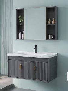 China Grey Black Ceramic Wash Basin Cabinet Set Aluminium Mirrored Bathroom Cabinet Vanity wholesale