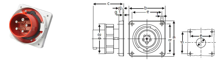 415V IP67 Watertight Thermoplastic Industrial Plug Sockets Panel Mounted