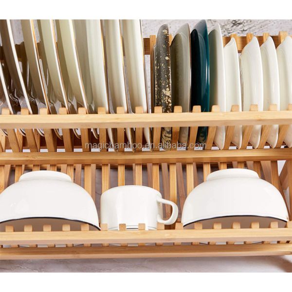 Collapsible 3 tier Bamboo Wooden Dish Drying Rack With Utensil Holder