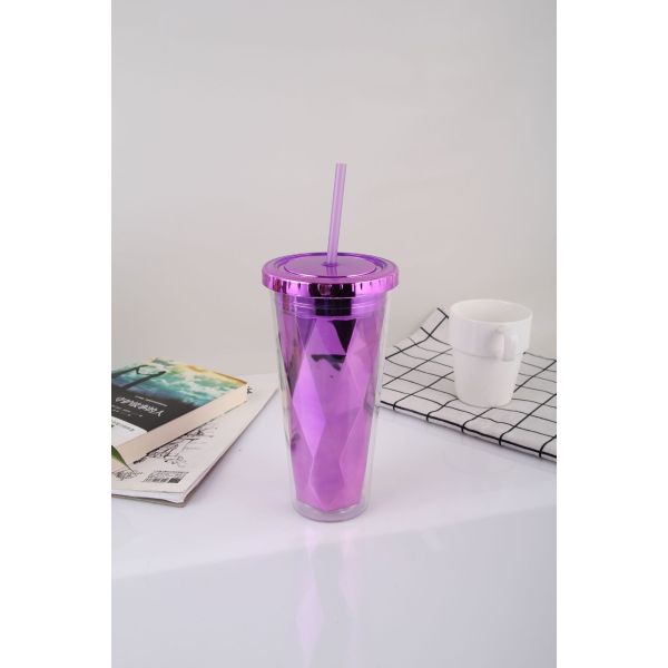 650ml Double-Layer Electroplated Plastic Straw Cup Summer With Lid Transparent Water Cup Creative Juice Cup