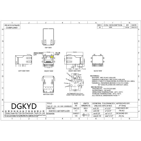 25.4mm Integrated Ethernet RJ45 Connector 1000Mb Transformer Rj45 Jack Cat6 With Led DGKYD311Q070DF5A4DN