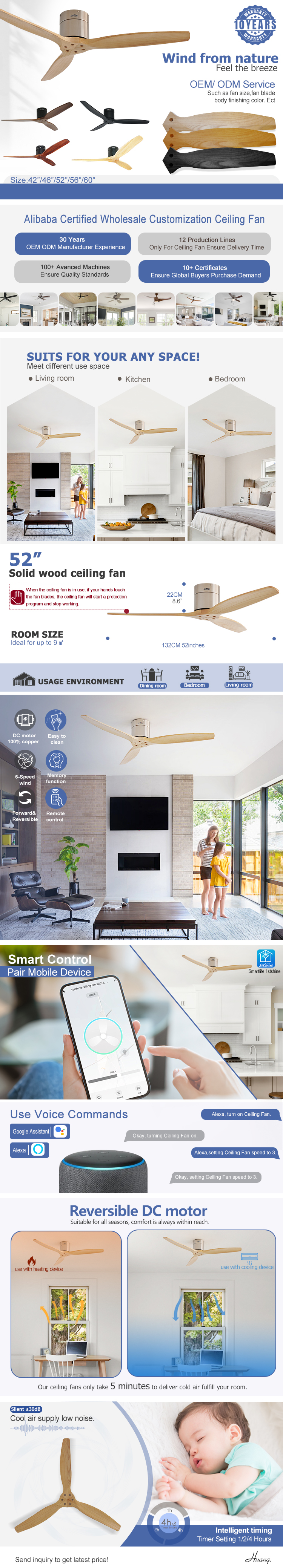 Reversible Motor Wooden Ceiling Fan Customized with Timer Yes and More Custom Options