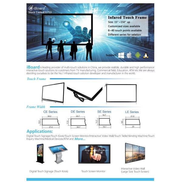 Infrared Touch Frame 19-200 Inch Aluminum Frame PCB Touch For Digital Signage TV Monitor Video Wall School Office Shopping Center Use