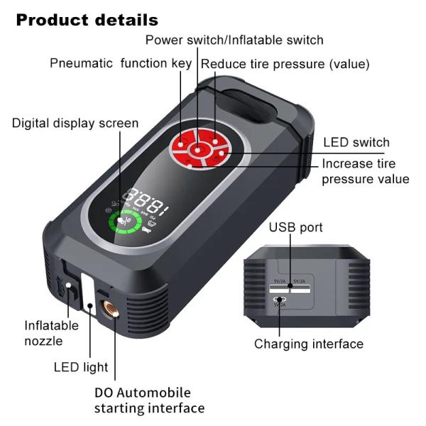 12000mAh Jumper Starter Power Packs Car Jump With Flashlight Car Jump Starter Power Bank Air Compress