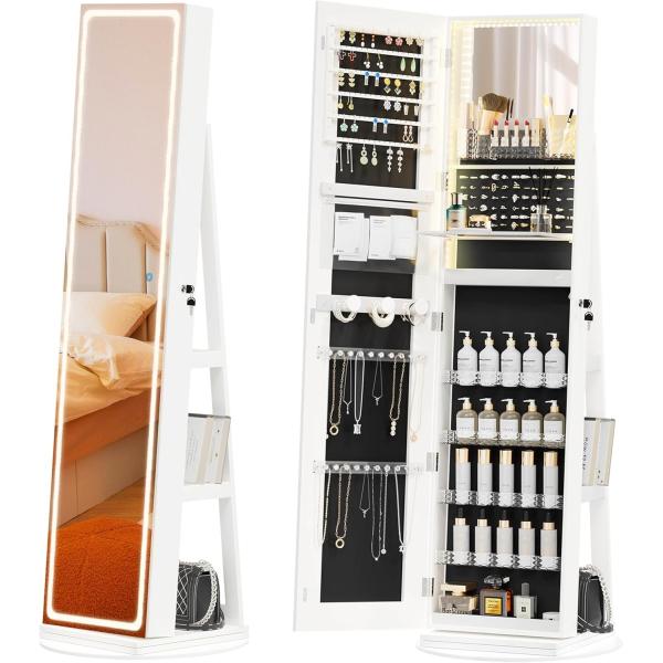 Modern Full Length Mirror Jewelry Cabinet with LED Modes and 3 Back Shelves for Jewelry Storage