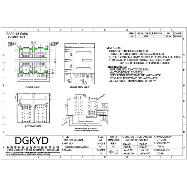 2x2 Multipleport RJ45 Ethernet Jack Female Connector With Transformer