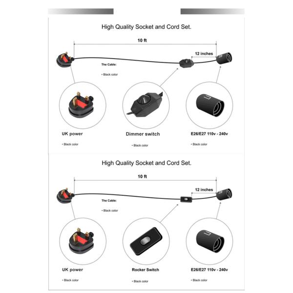 UK 3 Pin Plug to E27 Salt Lamp Holder Power Cord 6ft H03VVH2-F