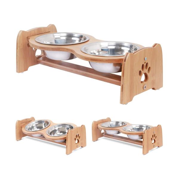 3l Capacity Raised and Elevated Bamboo Pet Feeder with Adjustable Bowls