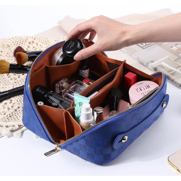 Portable Travel Cosmetic Bag Plaid Checkered Waterproof With Handle And Divider