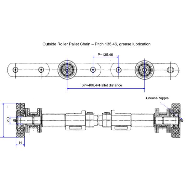 Escalator Spare part, pallet chain, Roller outside Link - pitch 135.46, solid axles