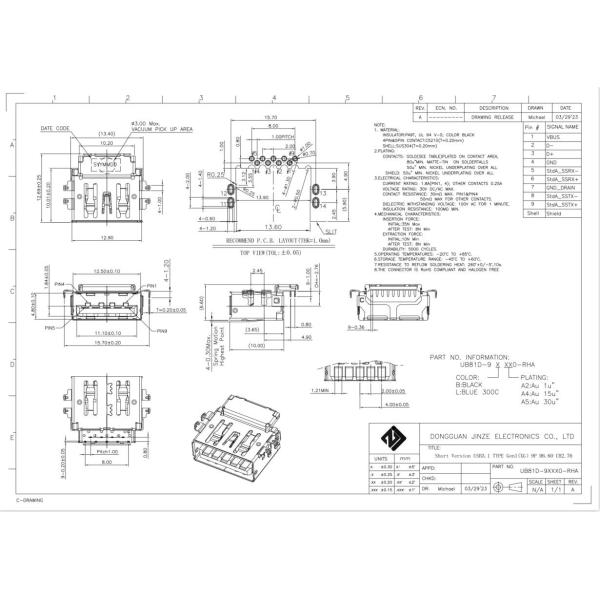 Short Verson H/F USB3.1 PCB USB A Pin Out DIP Socket Connector Female 90 Degrees 9Pin CH2.76mm
