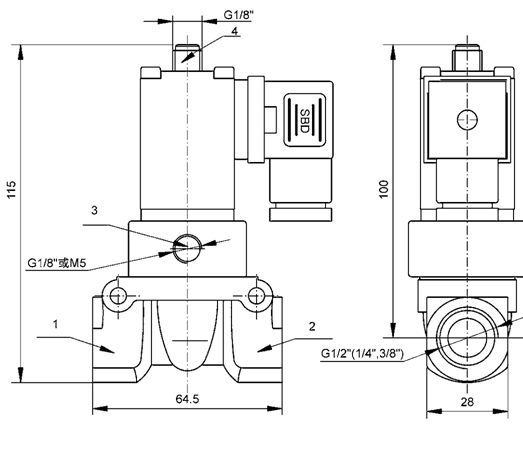 Two Position Four Way Pistion Operated Brass Solenoid Valve G1/4"~G1/2"