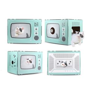 China Cat House Scratcher Retro TV Shape Cat Lounge with Scratch Pad Corrugated Cardboard Cave Bed Scratcher on sale