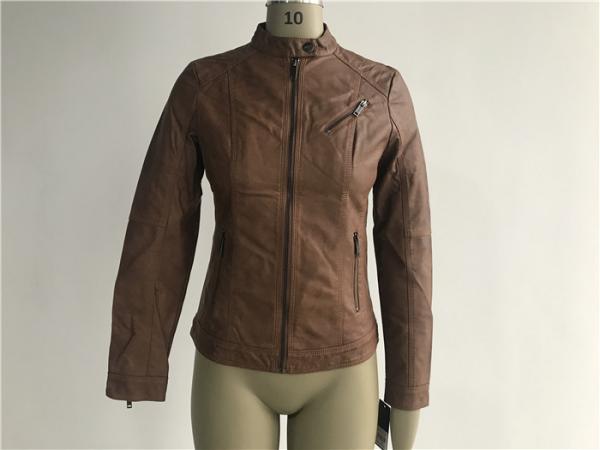 Quality Mandarin Collar Ladies PU Jacket , Womens Faux Leather Jackets Zip Through TW76738 for sale