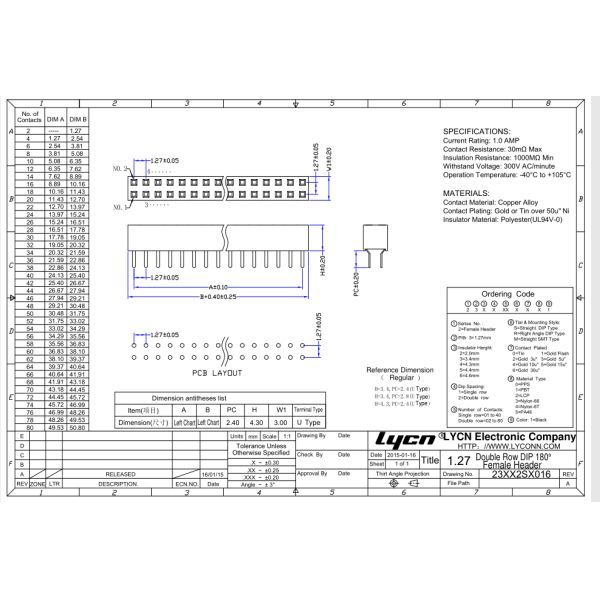 1.27 Mm DIP Female Header Connector Double Row U Type Terminal