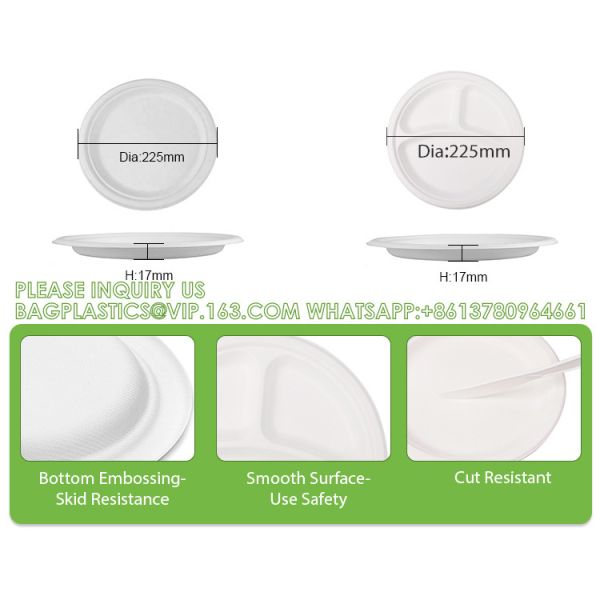 Compostable Sugarcane Bagasse Paper Round Plates 9 Inch 9" Greaseproof And Microwavable PFAS Disposable Plates