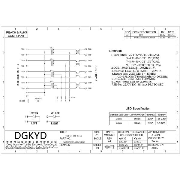 RJ45 network port connector with built-in 2.5G integrated transformer DGKYD312Q340DB2A4DN2