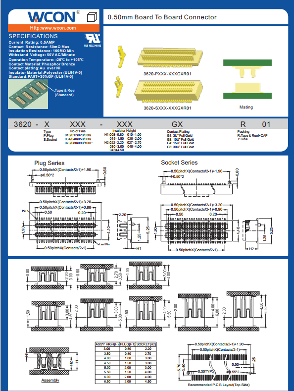 0.5mm, BTB Connector, Phosphor Bronze, Polyester, wcon connector