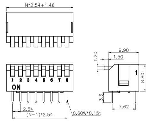 2 - 12P DIP Switch Pitch Piano Type With 2000 Cycles Electrical Life