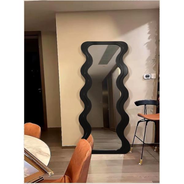 OEM Floor Wavy Standing Mirror Black Ornate Wooden Frame