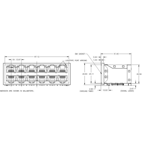 JT5-2470NL 2x6 Port 10G Base-T RJ45 Magnetic Connectors 12P8C With LIGHT PIPES