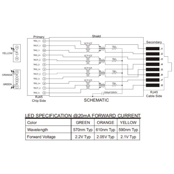ARJE-0025 Low-Profile RJ45 Jack Single Port Tap Up Thru-Hole 1000 Base-T