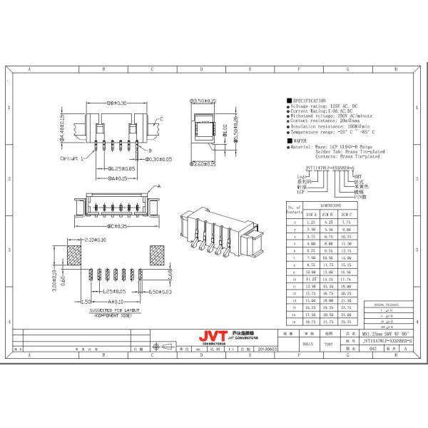 JVT 1147W SMT Friction Lock Headers PCB Board Connector 3A AC / DC Rating Current