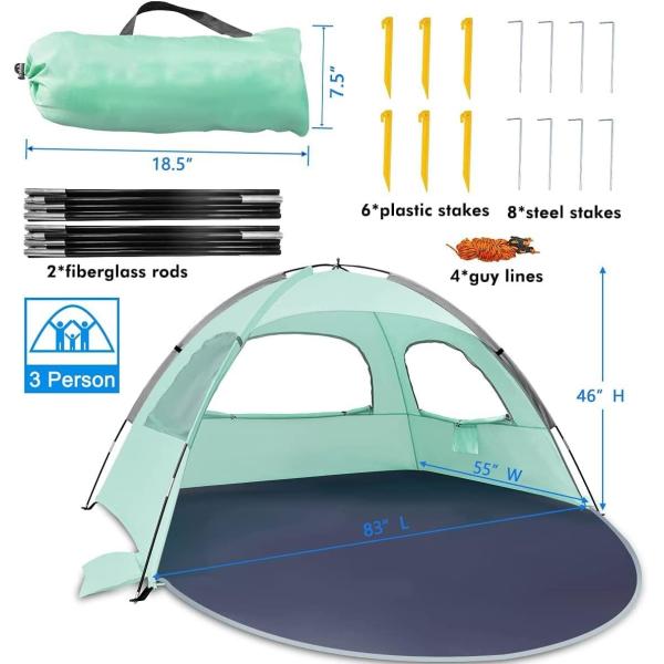 WhiteFang Beach Tent Anti-UV Portable Sun Shade Shelter for 3/4/6 Person, Extendable Floor with 3 Ventilating Mesh