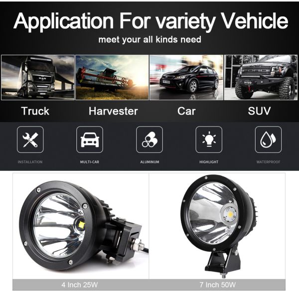 4" 25W 7 Inch 50W Round Led Work Light Car Spot Beam For 4x4 Offroad Truck 4WD ATV SUV Motorcycle Driving Lamp 12V 24V
